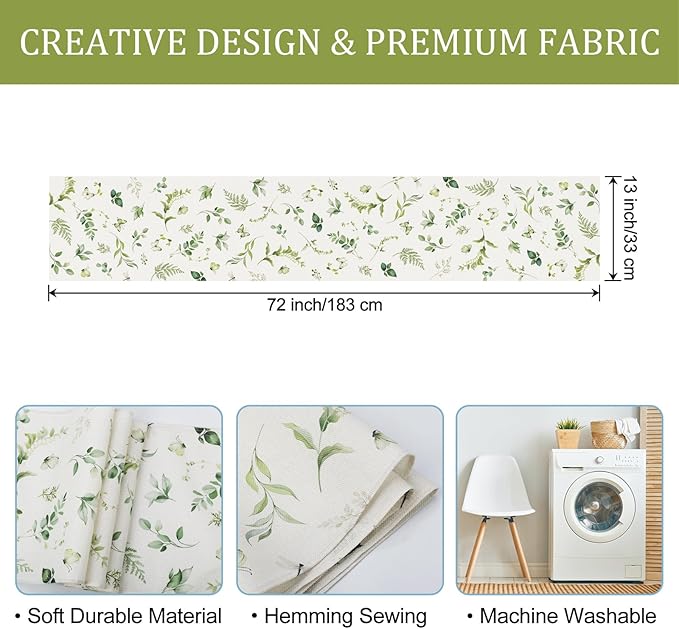 Bonhause Green Eucalyptus Leaves Table Runner 13x72 Inch Greenery Spring Plants Butterfly Seasonal Summer Kitchen Dining Table Decoration for Indoor Outdoor Home Party Decor