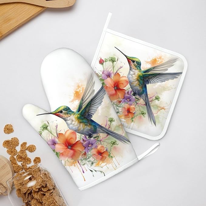 Oven Mitts and Pot Holders Watercolor Hummingbird Flower Silicone Kitchen Accessories Set of 2 Heat Resistant Long Gloves Potholder Non-Slip Grip for Chef Cooking,Baking,Grilling,BBQ