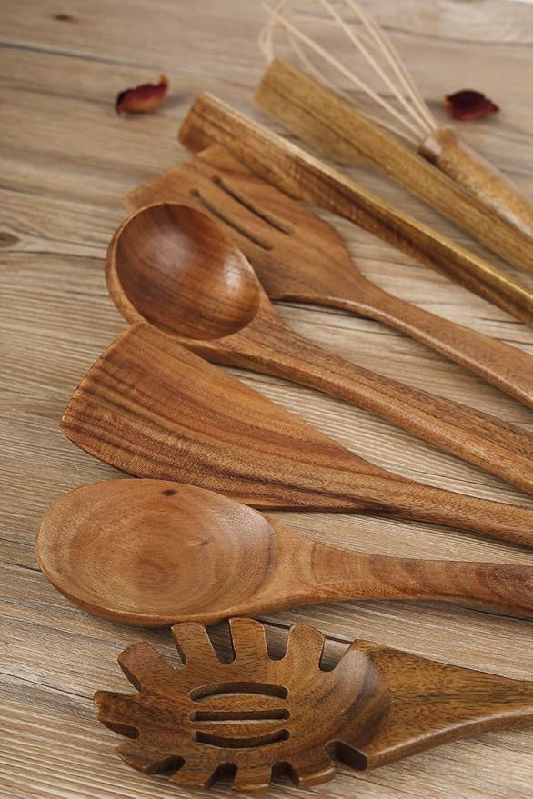 Wooden Utensil for Cooking, Wood Kitchen Utensils Cooking Set Teak Wood Spoons set for Cooking,Spatulas Non-Stick for Cookware Kitchen Spoon (7)