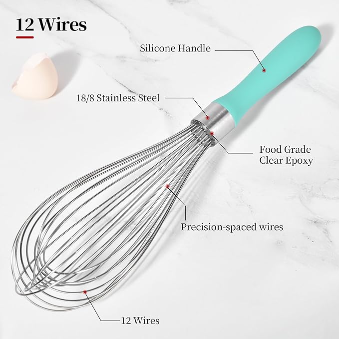12inch Kitchen Wire Whisk, 18/10 Stainless Steel Metal Balloon Wisk (Large, Aqua Sky)