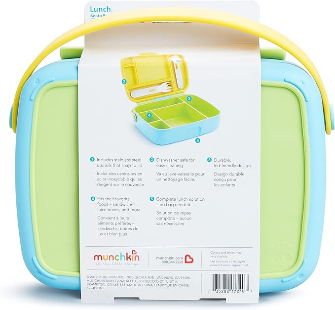 Munchkin Lunch Bento Box for Kids and Toddlers, Includes Stainless Steel Utensils, BPA-Free, 18 Months and Up, Blue/Green/Yellow