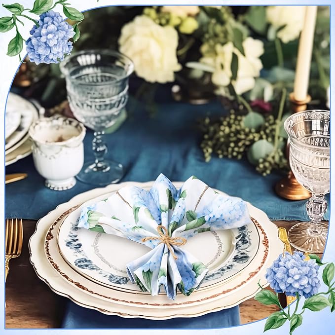 Blue Hydrangea Cloth Napkins 6 Patterns Washable Dinner Tea Party Napkins Reusable Plant Flowers Square Napkin Cotton Towel Decorative for Spring Wildflower Party(Blue Hydrangea,24 Pcs)