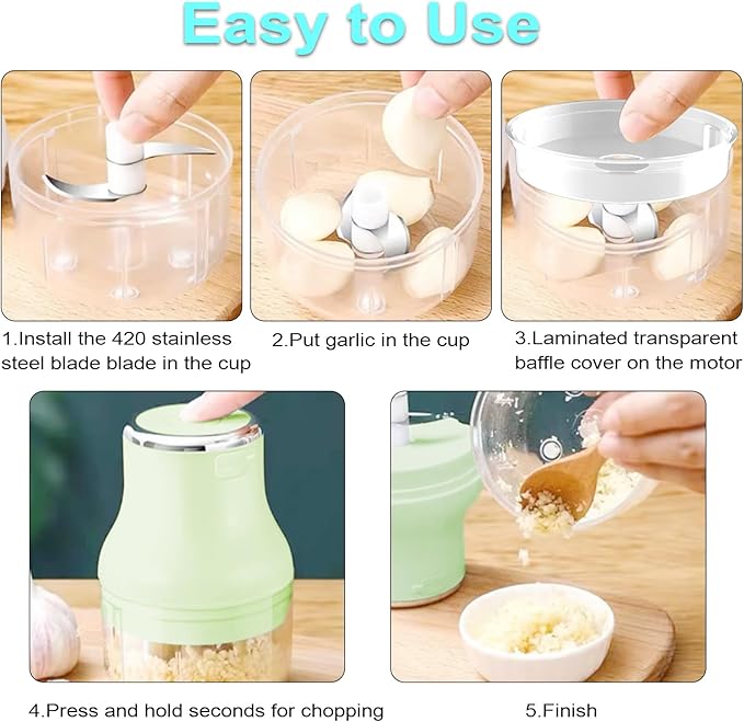 Vegetable Chopper, Electric Garlic Chopper, 250ML USB Rechargeable Mini Blender, Powerful Small Food Processor, Blender to Vegetable, Wireless Food Cutter for Ginger, Chili, Fruit, Meat, etc(Green)