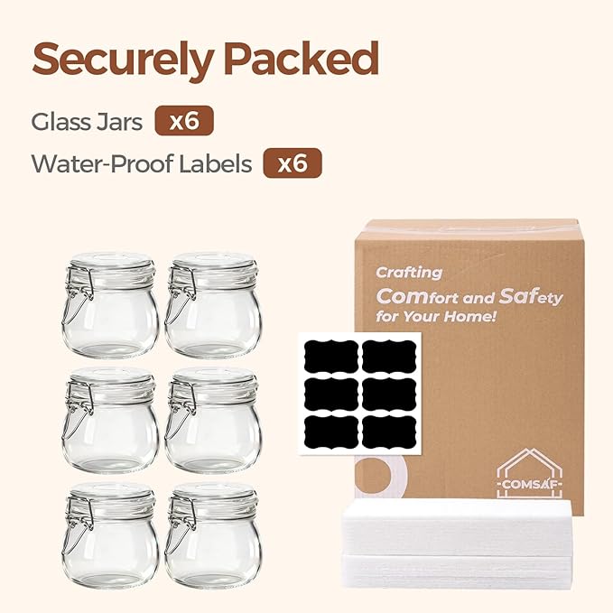 ComSaf 6-Pack 17oz Short Glass Jars for Drawers, Small Airtight Food Canisters for Spices, Nuts & Kids Snacks, Pint Sized Canning Jar Set for Jams, Pickles & Pantry Organization