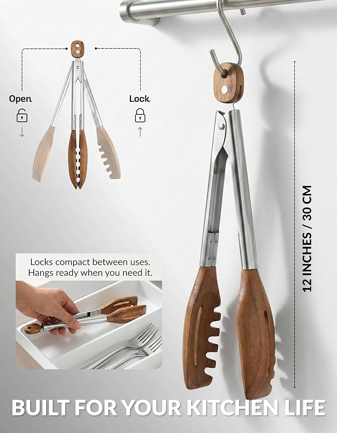 3-in-1 Kitchen Tongs & Pasta Server – 12 Inch Walnut Multifunction Tongs with Slotted Forked & Flat Tips for Pasta, Salad, Cooking and More – Elegant, Heat-Resistant Food Tongs for Home Cooks & Chefs