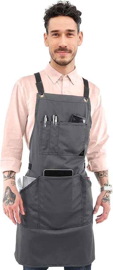 Under NY Sky Essential Armor Gray Apron – Cross-Back with Durable Twill and Leather Reinforcement – Adjustable for Men and Women – Pro Chef, Tattoo Artist, Baker, Barista, Bartender, Server Aprons