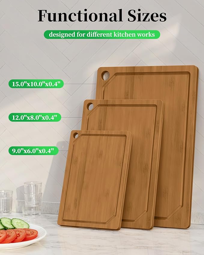 Kitchen Cutting Board Set - 3-Piece Wooden Cutting Boards for Kitchen with Juice Groove, Handles, Hang Holes, Stylish Kitchen Essentials for Chpping & Serving, Brown, 0.4"Th - (L+M+S)