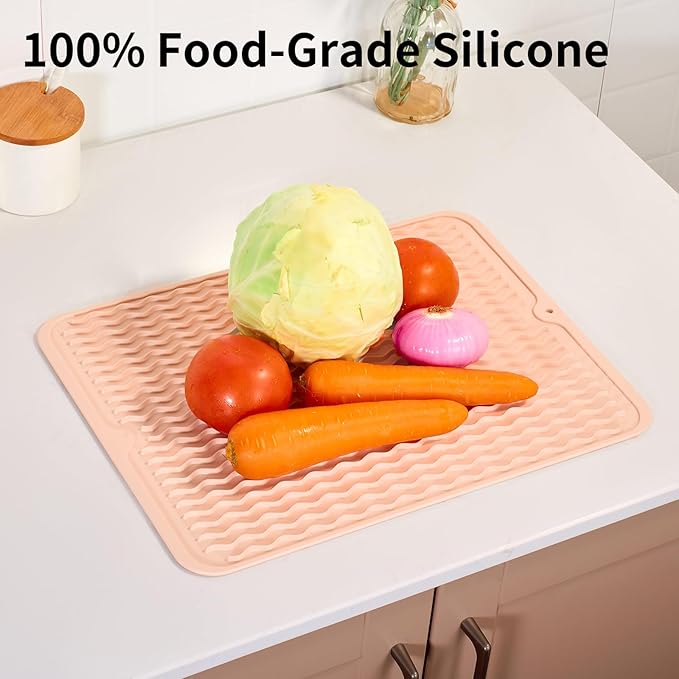 ZLR Silicone Dish Drying Mat & Heat Resistant Trivet (12" x 16") - Waterproof Counter Protector for Air Fryer, Coffee Maker - Non-Slip, BPA Free Kitchen Pad, Easy Clean Dishwasher Safe (Peach Pink)