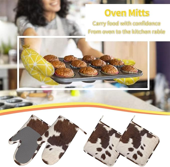 Cow Print Oven Mitts Pot Holders Cooking Apron Set of 5 Silicone Brown Cowhide Western Farmhouse Kitchen Glove Cow Print Apron Non-Slip Heat Resistant for Chef Baking Cooking Grilling BBQ