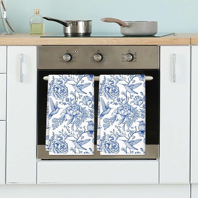 Chinoiserie Floral Kitchen Towels Blue White Flowers Bird Dish Towels 18 x 28 Inch Decorative Hand Drying Tea Towel for Farmhouse Cooking Baking Cleaning Wipes, Set of 2