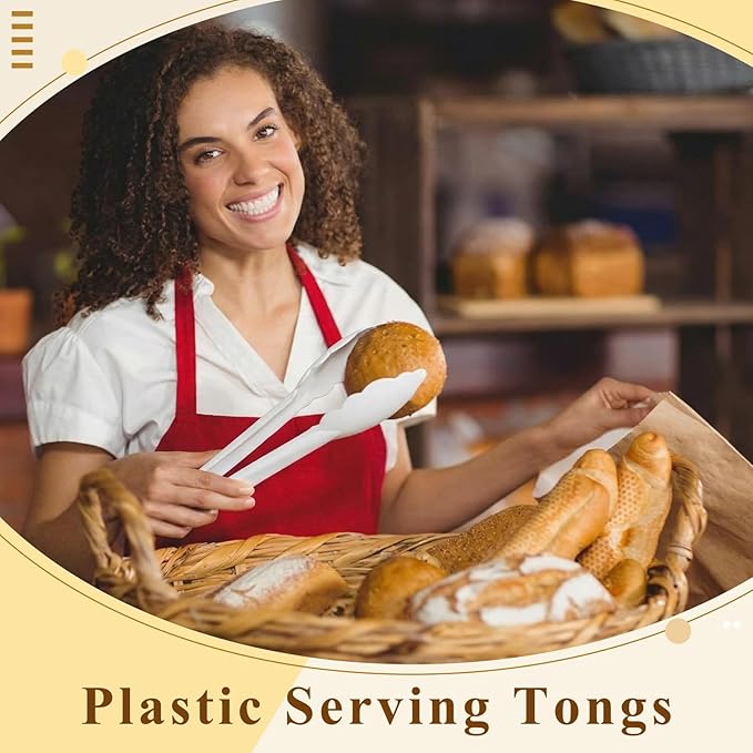 Tessco for you 50 Pcs Plastic Tongs for Serving Bulk, 9 Inch Plastic Disposable Serving Tongs, Heavy Duty Salad Tong for Kitchen, Buffet, BBQ, Events & Catering (White)