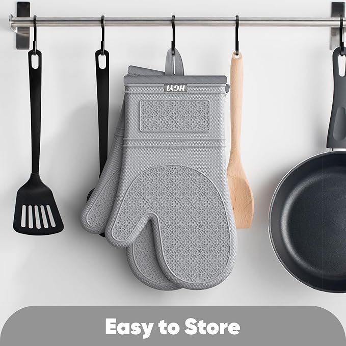 Silicone Oven Mitts, Heat Resistant Oven Gloves with Quilted Liner, Waterproof & Non-Slip Kitchen Mittens for Baking Cooking BBQ, 500°F, 12.5"-Light Gray