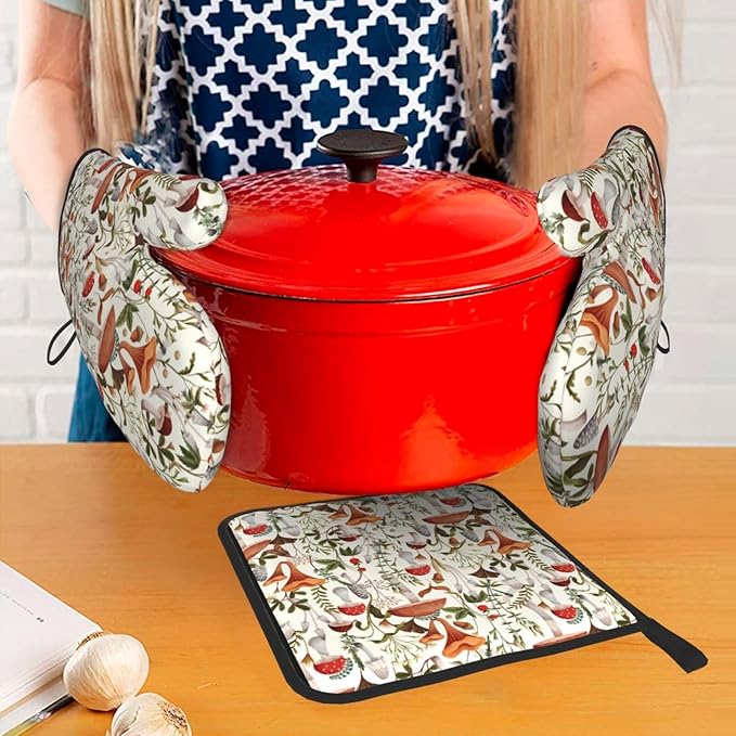 Boho Mushroom Decor Oven Mitts and Pot Holders Sets of 3 Hot Pads Cute Botanic Plant Beige Oven Gloves Heat Resistant Non Slip Washable for Kitchen Cooking Grilling Baking