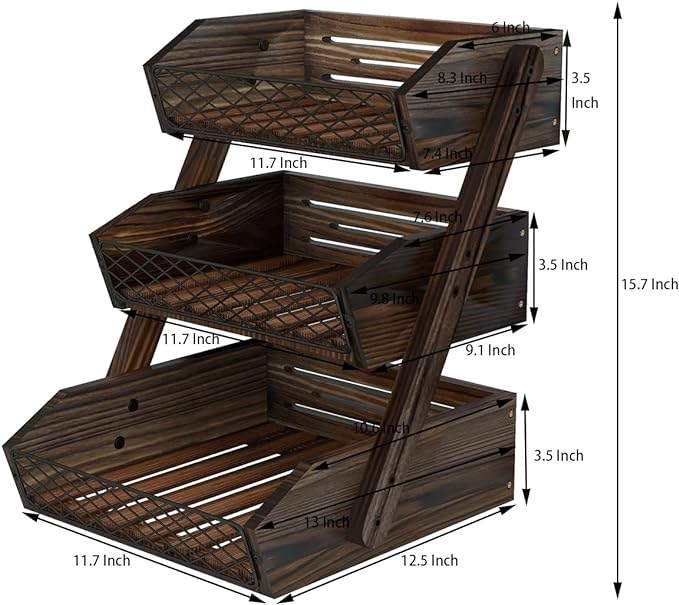 Dorhors Fruit Basket for Kitchen, 3 Tier Fruit Bowl for Kitchen Counter,Wooden Vegetable Holder for Countertop