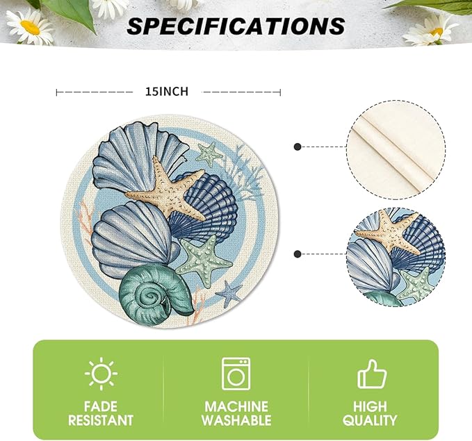 Artoid Mode Sea Shell Starfish Round Summer Placemats Set of 4, 14 Inch Spring Round Table Mats for Dining Decoration