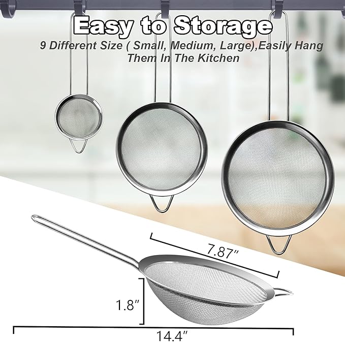 Anaeat Fine Mesh Strainers - Premium Stainless Steel Colander Sieve Sifters, with Durable Mesh and Sturdy Handle, Excellent for Sifting Dry ingredients, Flour, Pastas, Rice, Tea (7.87")