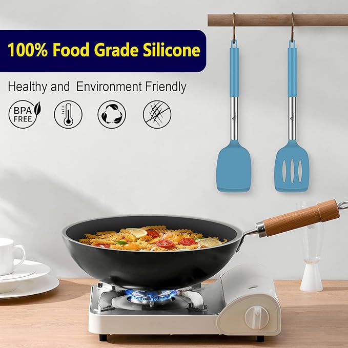 HOTEC Silicone Spatula Set of 2 Heat-Resistant 600°F & BPA-Free Kitchen SaptulaTurner with Stainless Steel Handles, Slotted & Solid Spatulas for Nonstick Cookware, 13.7 Inch, Blue