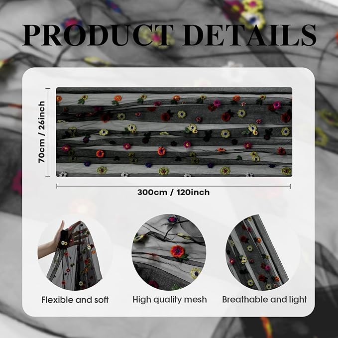 Artoid Mode Black Embroidery Daisy Gauze Table Runner 120 Inch 10FT, Seasonal Sheer Kitchen Dining Holiday Wedding Birthday Table Decor for Home Party