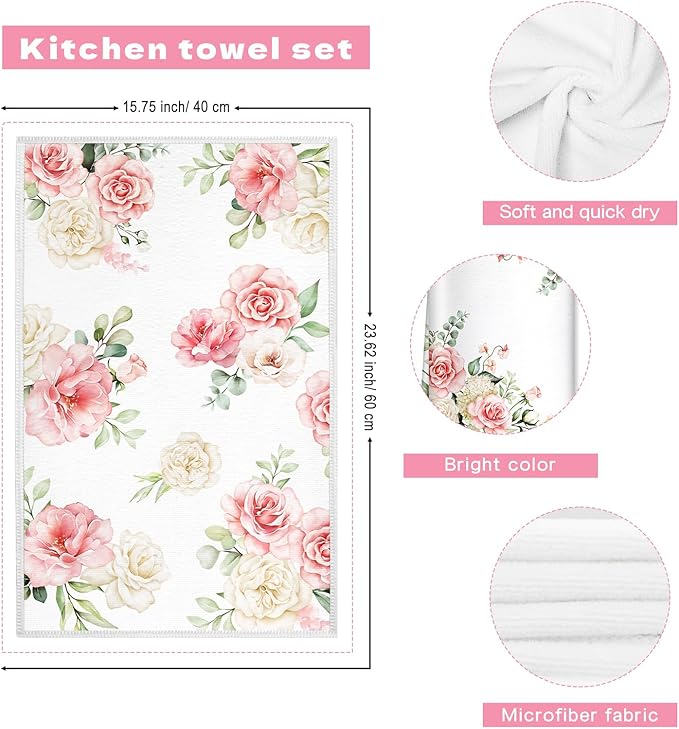 Pink Flower Microfiber Kitchen Towels, Soft Absorbent Watercolor Floral Hand Towel 15.7 × 23.6 Inch, Thick Dish Cloth for Party Anniversary Holiday Decoration, Housewarming Gifts for Mom