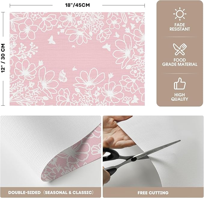 Artoid Mode Pink Weed Wild Flower Vinyl Plastic Placemats Set of 4, 12x18 Inch Woven Washable Non-Slip PVC Place Mats for Party Kitchen Dining Decor