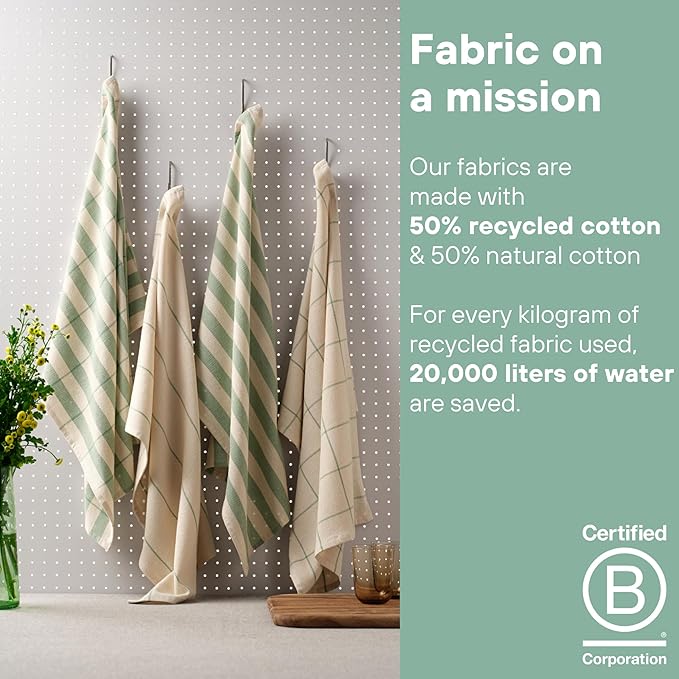 MEEMA Upcycled Spring Kitchen Towels Cotton Fabric | Super Absorbent Hand Towels with Hanging Loop | Cleaning Rags and Dish Towels for Kitchen | Sage Green Stripes | Large 18 x 28 Inch | 4-Pack
