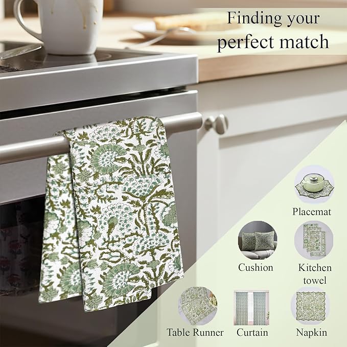 CPC Agate Green Hand Block Printed Cotton Waffle Dish Cloth Set of 6-12x12 Inch Super Absorbent, Soft, Reusable Kitchen Towels for Dish Drying & Cleaning Ideal for Spring, Mother's Day