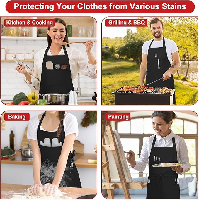 SHEOMERN 3 Pcs Dual Waterproof Oilproof Kitchen Chef Aprons with 4 Pockets for Men Women, Adjustable Soft Anti-Tear Cooking Bib Apron for Baking Grilling BBQ Painting Cleaning (Black)