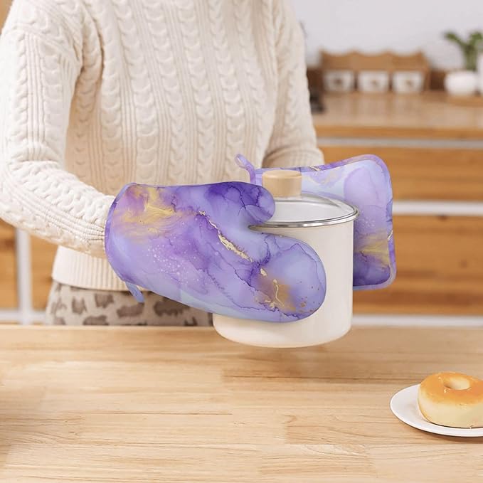 Oven Mitts and Pot Holders Pastel Purple Marble Silicone Kitchen Accessories Set of 2 Heat Resistant Long Gloves Potholder Non-Slip Grip for Chef Cooking Baking Grilling BBQ