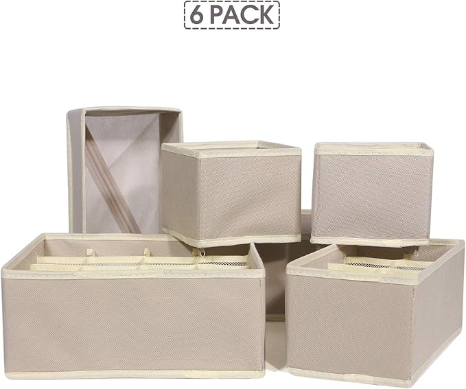 TENABORT 6 Pack Foldable Drawer Organizer Dividers Cloth Storage Box Closet Dresser Organizer Cube Fabric Containers Basket Bins for Underwear Bras Socks Panties Lingeries Nursery Baby Clothes Beige