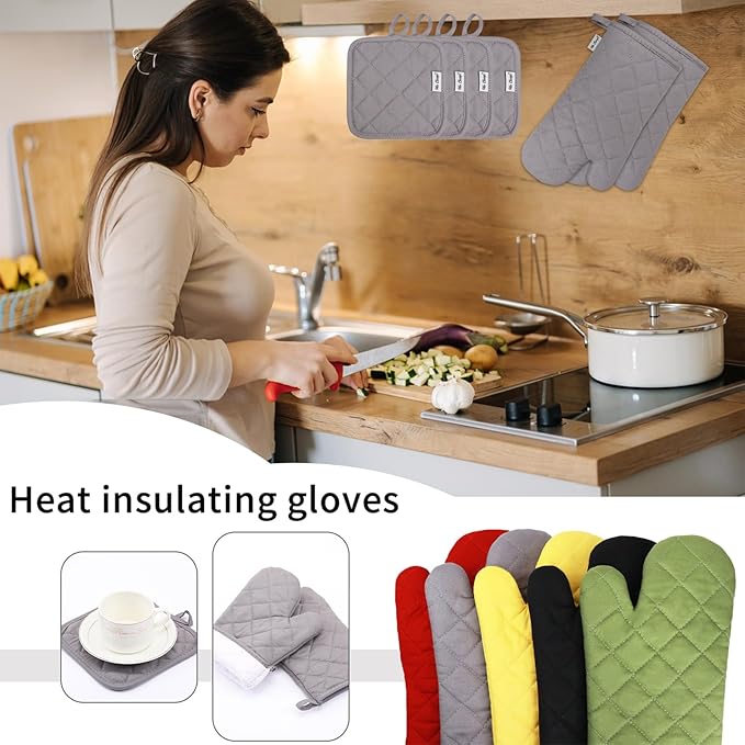 Oven Mitts and Pot Holders Sets,6 Pcs Oven Mitts and Potholders with Recycled Cotton High Heat Resistant Extra Thick Long Oven Mitts for Cooking(Gray)