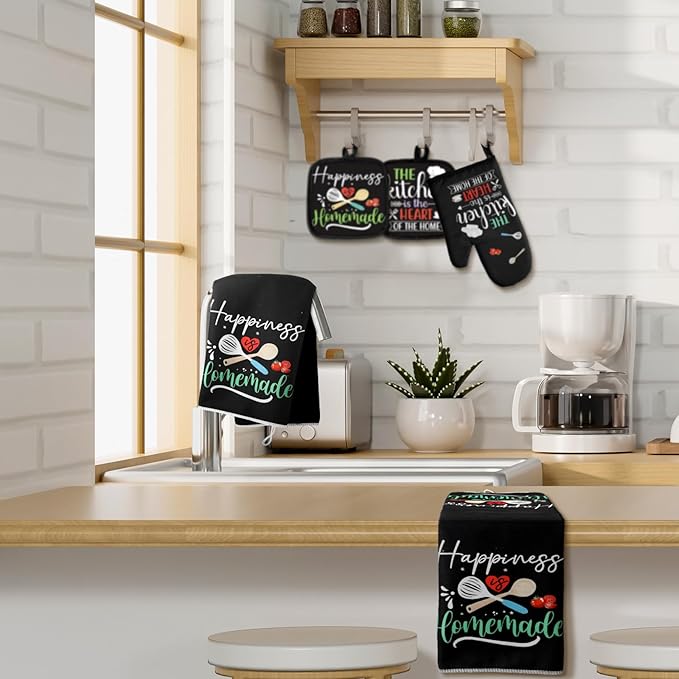 Sratte 6 Pcs Kitchen Decor Accessories Set Farmhouse Towels Pot Holders Oven Mitts Set 2 Dish Towels 2 Potholders 2 Cooking Mittens Oven Glove for Christmas Baking Cooking (Black Color)