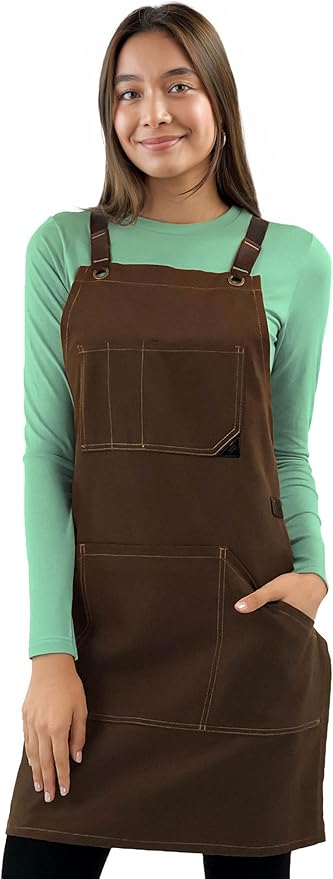 Under NY Sky Essential Chocolate Brown Apron – Cross-Back with Durable Twill and Leather Reinforcement, Adjustable for Men and Women – Pro Chef, Tattoo Artist, Baker, Barista, Bartender, Server Aprons