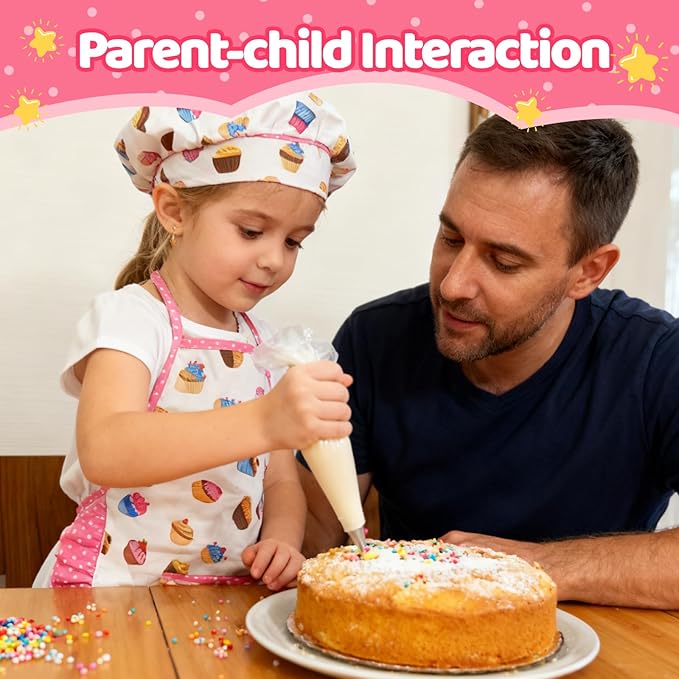 11 PCS Kids Baking Set for Girls, Chef Costume with Adjustable Apron & Hat, Pretend Play Kitchen Toys for Toddlers 3-8, Birthday Xmas Gifts for Little Chefs