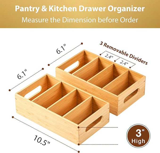 Umilife Bamboo Pantry Organizers and Storage Bins with Removable Dividers, Kitchen Drawer Cabinet Countertop Organization for Snack, Spice Packets, Teabags, Seasoning Pouches (2 Pack)
