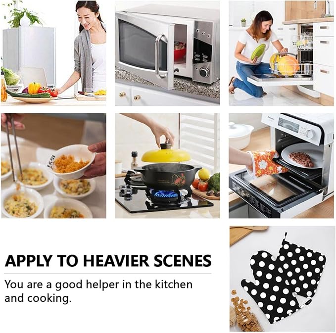 Black White Retro Polka Dot Oven Mitts and Pot Holders Sets of 4, Heat Resistant Silicone Oven Mittens and Potholders Gloves Hot Pads for Kitchen Cooking Baking Grilling BBQ Chef