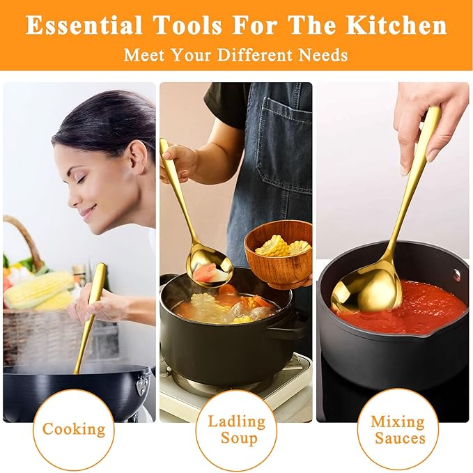 4 Pack Gold Gravy Ladles, SUS 304 Stainless Steel Sauce ladles, 8-Inch Small Soup Ladles Serving Ladle for Cooking - Dishwasher Safe