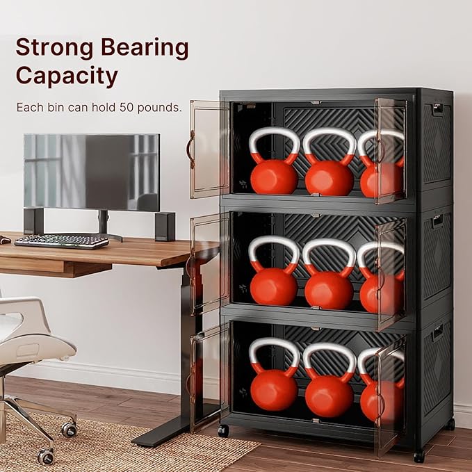 UAMFURI Stackable Storage Bins with Lids, 540QT Lockable Storage Cabinet, Foldable Storage Box with Doors and Wheels, Plastic Drawers for Home, Garage, Office (3, Black, Extra Large)