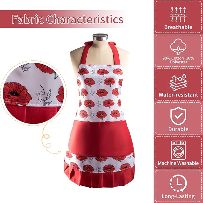 Vintage Floral Apron for Women with Functional Pockets Adjustable Neck Strap for Cooking Baking Mother's Gift