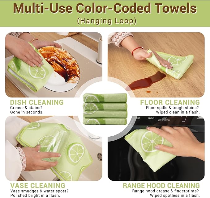 YUA Microfiber Cleaning Cloth 12 Pack,Microfiber Towels Cleaning,Microfiber Towels for Cars,Absorbent Dish Washing Cloth,Reusable Cleaning Cloths Lint Free (Green Lemon)