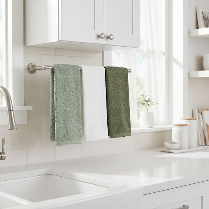 Sage White Dark Green Kitchen Hand Dish Towels: Oversized 28" x 18",100% Cotton Cloth Soft Cleaning Drying Absorbent Textured Design, Set of 3 Multipurpose for Everyday Use (Natural Collection)