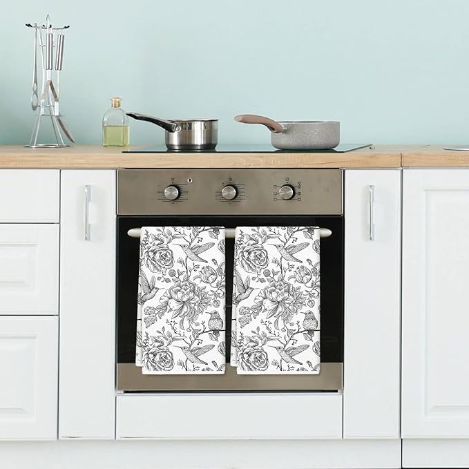 Flower Bird Kitchen Towel White Black Dish Towel 18 x 28 Inch Retro Floral Hand Drying Tea Towel for Cooking Baking Party Supplies, 2Pcs