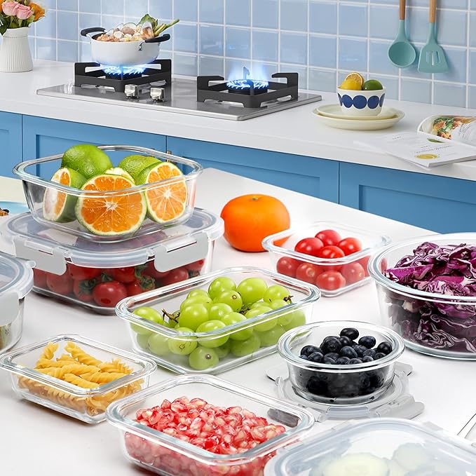 VERONES 30 Pieces Glass Meal Prep Containers Set, Stackable Food Storage Containers with Lids-Airtight Glass Lunch Containers,for Microwave, Oven, Freezer & Dishwasher,White
