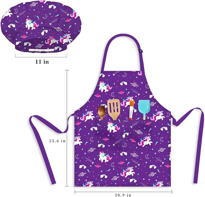 Kids Chef Hat and Apron, Adjustable Kids Aprons with Pocket Girls Boys Kitchen Toddler Aprons for Cooking Baking