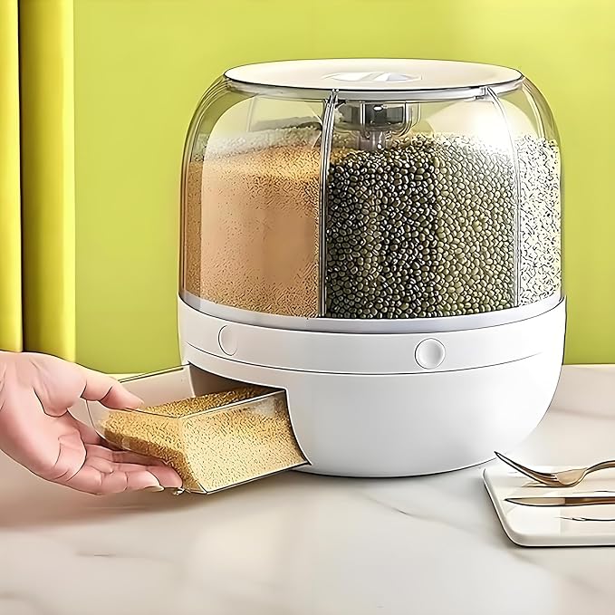 Rotating Grain Storage Bin 6 Grids Rice Container One-Click Output Large Capacity Food Dispenser For Rice Grains Sealed Moisture Proof Organizer (Small)