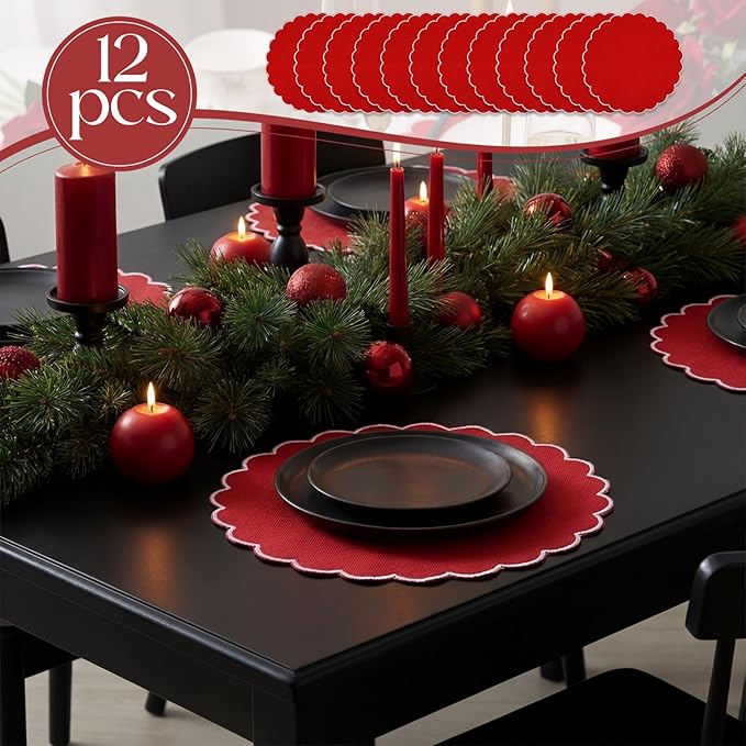 Set of 12 Red Cotton Placemats 15 Inch Round Scalloped Embroidery Placemats Washable Double Layered Rustic Table Mat Fabric Napkins for Wedding Table Decor