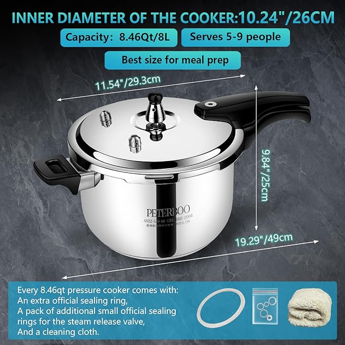 Premium 8.46 Quart Stainless Steel Pressure Cooker, Quality Crafted Kitchen Cookware, Professional Performance, Durable Design for Daily Family Cooking