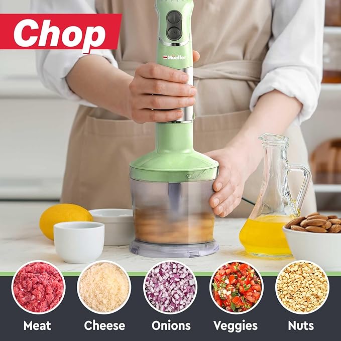 Mueller Multistick 800W 4-in-1 Immersion Blender Handheld, 12 Speed Hand Mixer - Turbo Boost, Heaviest Duty Copper Motor, Titanium Blades Hand Blender, Milk Frother Wand, Whisk, Beaker, Chopper, Green