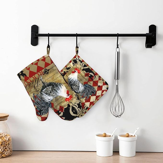 Rooster Print Oven Mitts and Pot Holders Sets Silicone Rooster Kitchen Mitts Potholders Heat Resistant 4Pcs Oven Gloves Hot Pads for Kitchen Baking Cooking BBQ Grilling