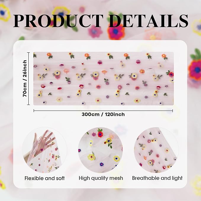 Artoid Mode Pink Embroidery Daisy Gauze Table Runner 120 Inch 10FT, Seasonal Sheer Kitchen Dining Holiday Wedding Birthday Table Decor for Home Party