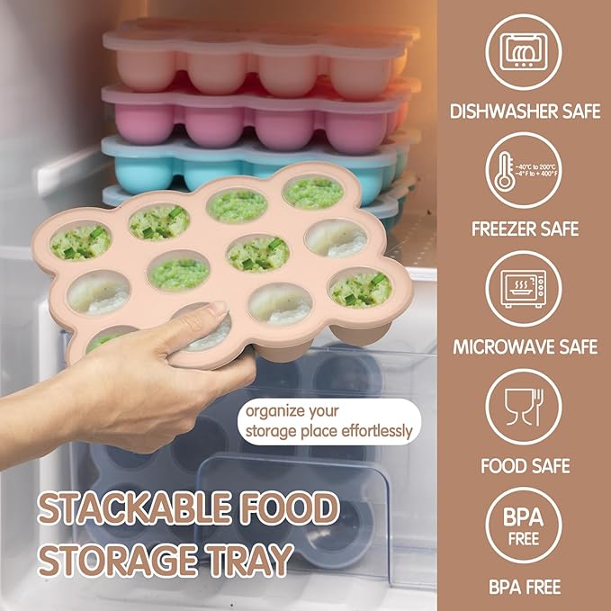Baby Food Storage Containers 12 x 1.5OZ Silicone Freezer Tray with Lid, Food Grade Silicone Freezer Tray Containers for Purees & Vegetables Light Brown